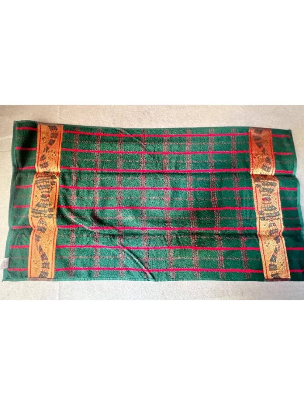 Christmas Towel & Hand Towel Set 100% Cotton Ribbon Red & Green W/ Gold Accents